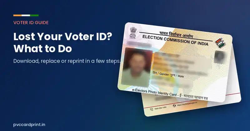 Voter ID card mockup with personal details blurred, used for the lost voter ID replacement guide