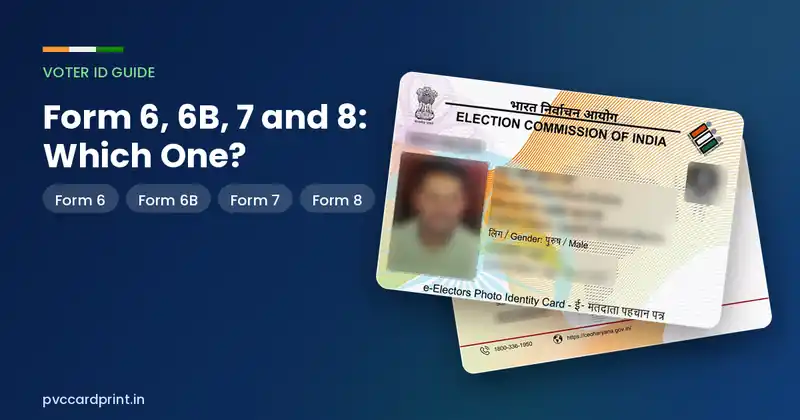 Voter ID card mockup with personal details blurred, used for the Form 6, 7 and 8 explainer
